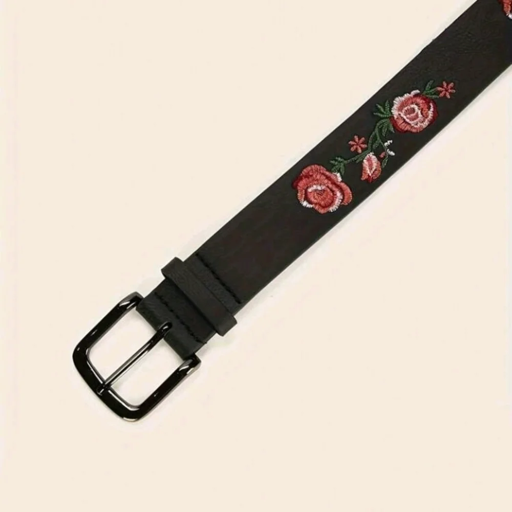 Boho Black Red Floral Embroidered Buckle Faux Leather Belt